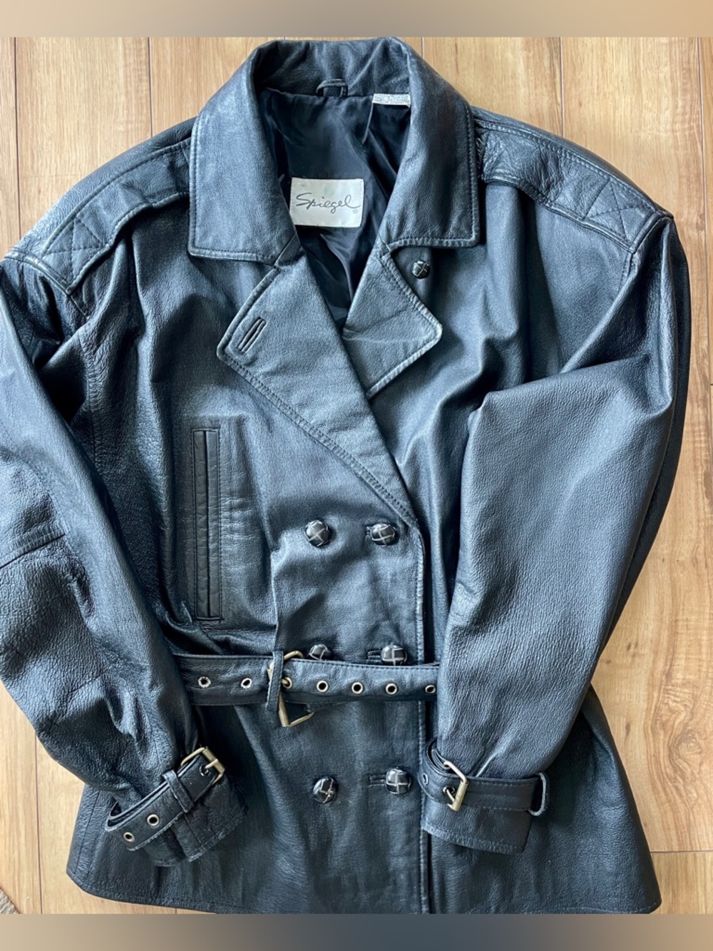 Vintage Spiegel Black Leather Jacket Belted Moto Style Size Small/Medium - Picture 6 of 12